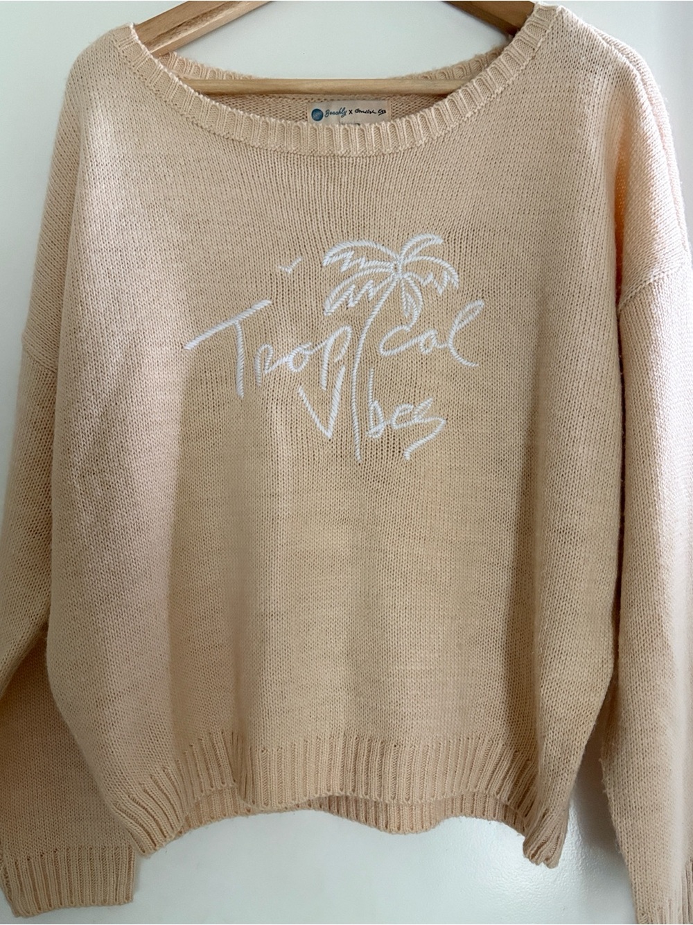 Beige Crewneck Sweater with White Palm Graphic